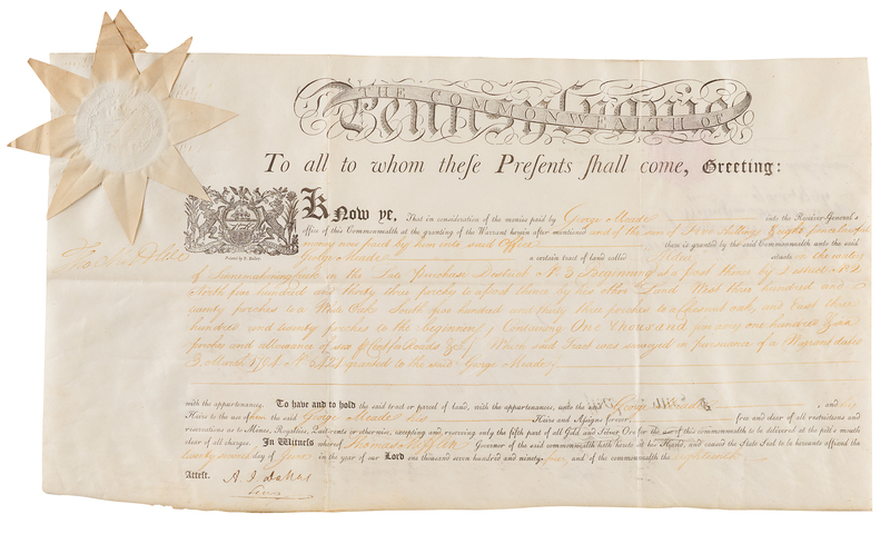 Lot 110 Thomas Mifflin Signed Pennsylvania Land Grant Issued on the Eve of the Whiskey Rebellion