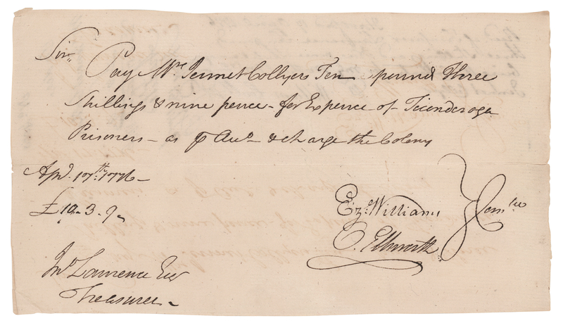 Lot 129 Oliver Ellsworth War-Dated Document Signed, Reimbursing a Connecticut Tavern Owner for the “Expence of Ticonderoga Prisoners” (April 17, 1776)
