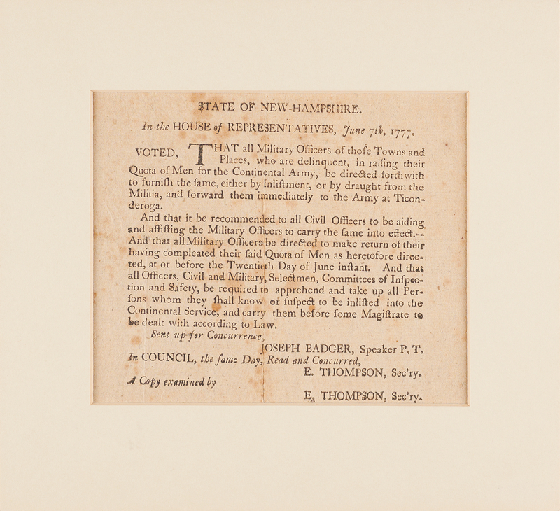 Lot 234 New Hampshire War-Dated Broadside Ordering Delinquent Officers to Raise Troops for “the Army at Ticonderoga” (June 7, 1777)