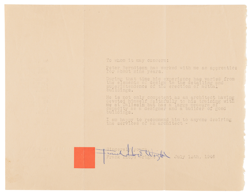 Lot 288 Frank Lloyd Wright Signed Letter of Recommendation for Apprentice Peter Berndtson, Designer of Polymath Park