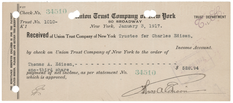 Lot 180 Thomas Edison War-Dated Document Signed - Trust Disbursement for His Son, Charles Edison