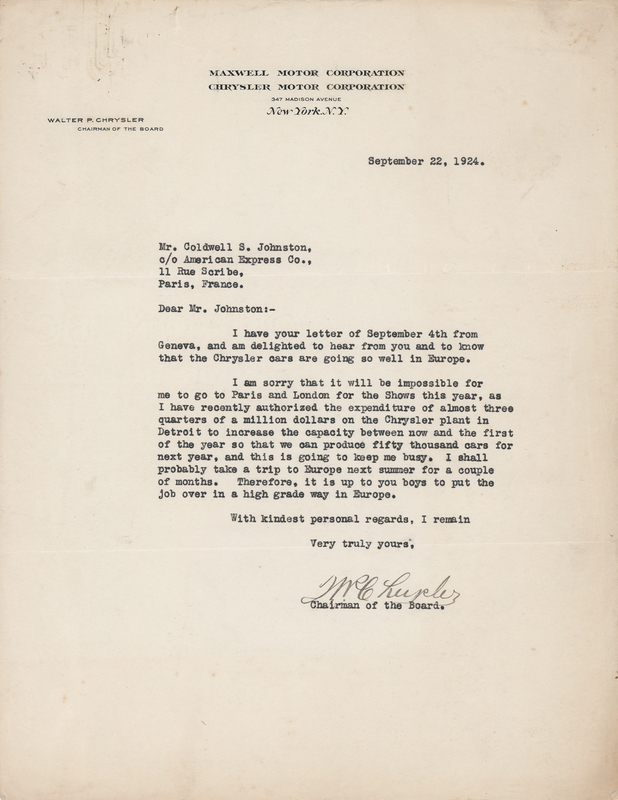 Lot 173 Walter Chrysler Typed Letter Signed on the Early Expansion of Chrysler Motor Corporation