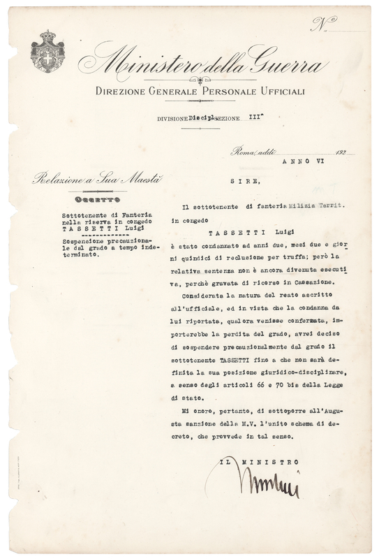Lot 144 Benito Mussolini Signed ‘Ministry of War’ Document, Ordering the Suspension of a Military Officer (1927-1928)