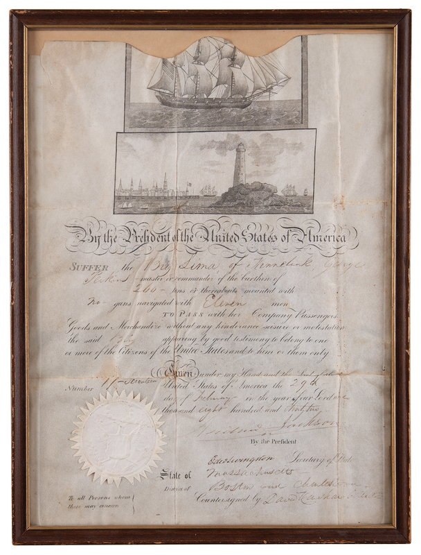 Lot 19 Andrew Jackson Document Signed as President - Scarce ‘Leap Day’ Ship's Pass for a Brig from Kennebunk, Maine (February 29, 1832)