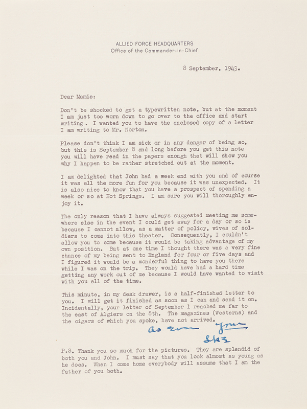 Lot 51 Dwight D. Eisenhower World War II-Dated Typed Letter Signed to Mamie on the Armistice with Italy: 