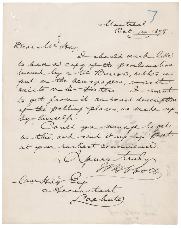 Lot 132 John Abbott Letter Signed, Concerning Polling Places During the 1878 Canadian Federal Election