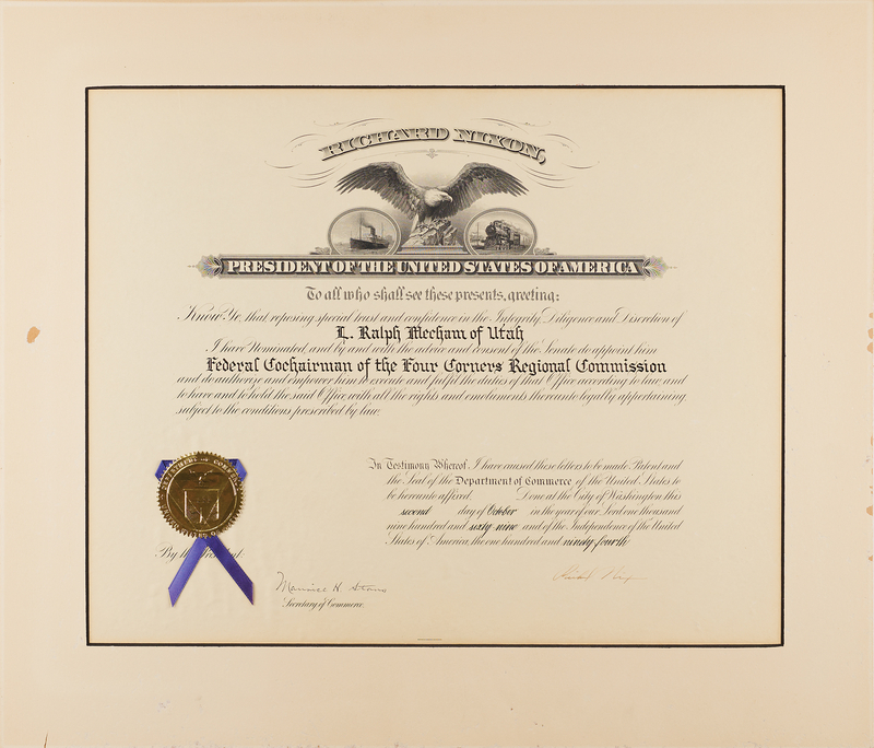 Lot 62 Richard Nixon Document Signed as President, Appointing a Federal Cochairman of the Four Corners Regional Commission