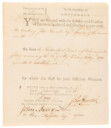 Lot #93 John Hancock Twice-Signed Document as Governor of Massachusetts, Paying His Own Salary - Image 2