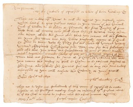 Lot #115 Plymouth: Thomas Hinckley Document Signed