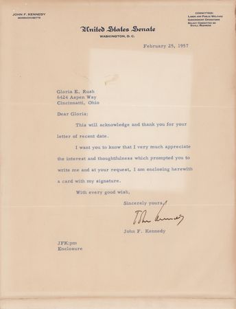 Lot #55 John F. Kennedy Typed Letter Signed as a