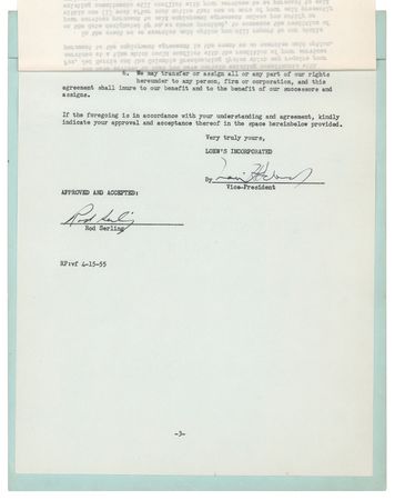 Lot #426 Rod Serling Document Signed for 'The Rack' - Image 1