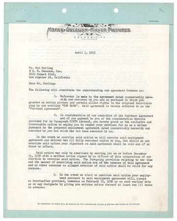 Lot #426 Rod Serling Document Signed for 'The Rack' - Image 2