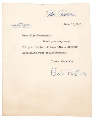 Lot #316 Cole Porter Typed Letter Signed