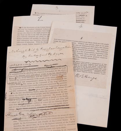 Lot #32 Rutherford B. Hayes Signed Revised Paste-Up Address, Advocating Universal Public Education and Federal Support for Schooling in the Post-Reconstruction Era - Image 1