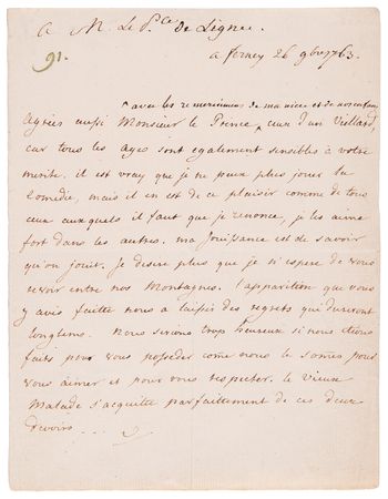 Lot #309 Voltaire Letter Signed to the Prince of