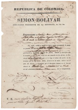 Lot #133 Simon Bolivar Document Signed, Granting a