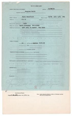 Lot #412 Jayne Mansfield Signed Television Contract - 