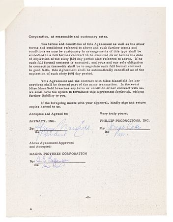 Lot #413 Jayne Mansfield (2) Signed Movie Contracts - 'Beach House Weekend' (1965) - Image 2