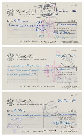Lot #365 Queen (3) Business Checks Signed by Each Band Member - Image 1