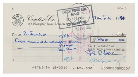 Lot #365 Queen (3) Business Checks Signed by Each Band Member - Image 2