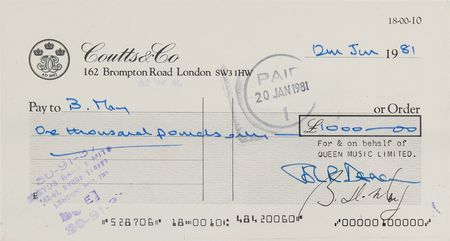 Lot #365 Queen (3) Business Checks Signed by Each Band Member - Image 4