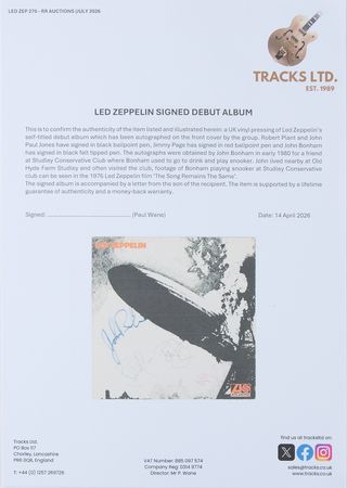 Lot #351 Led Zeppelin Signed Self-Titled Debut Album - Personally Procured by John Bonham for a Fellow Snooker Player - Image 5