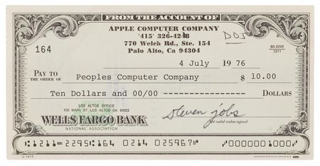 Lot #176. Steve Jobs Signed Apple Computer Check to the People's Computer Company (July 4, 1976) - Representing the Dawn of the Microcomputer Revolution