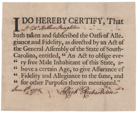 Lot #238 South Carolina War-Dated 'Oath of