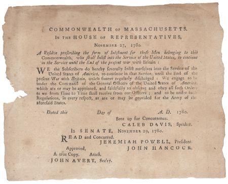 Lot #97 John Hancock: Massachusetts Enlistment