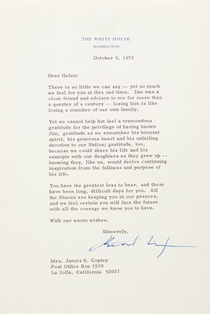 Lot #60 Richard Nixon Typed Letter Signed as President, Remembering a Republican Ally on the Day He Learned of Agnew's Resignation - Image 1