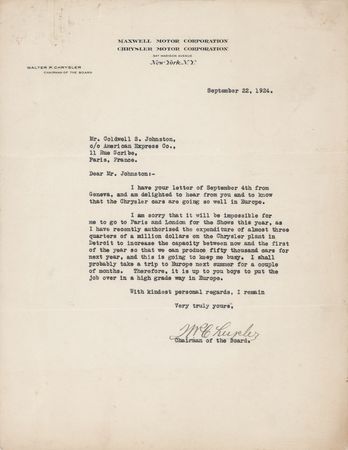 Lot #173 Walter Chrysler Typed Letter Signed on