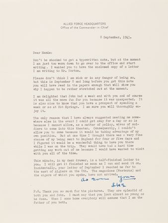 Lot #51 Dwight D. Eisenhower World War II-Dated Typed Letter Signed to Mamie on the Armistice with Italy: 
