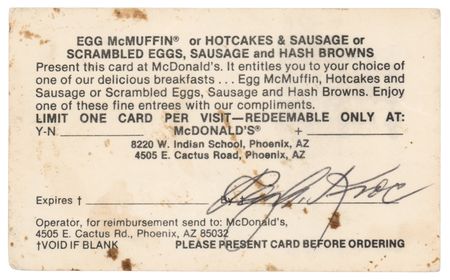 Lot #177 Ray Kroc Signed McDonald's Breakfast Coupon Card - 'Be Our Guest' - Image 2