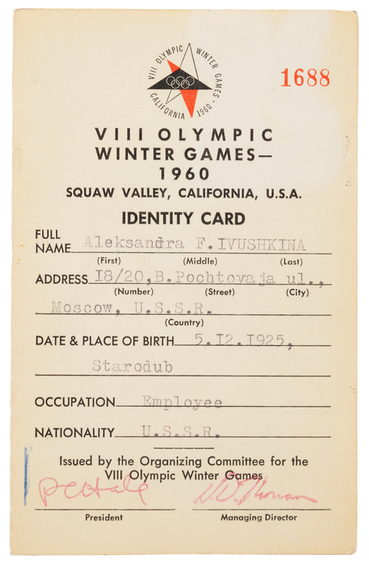 Lot 3329 Squaw Valley 1960 Winter Olympics Identity Card