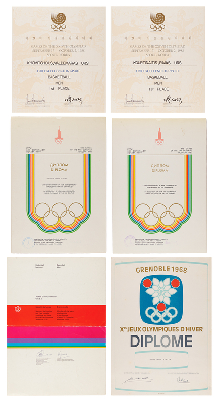 Lot 3303 Olympic Summer and Winter (6) Diplomas — Seoul (1988), Moscow (1980), Montreal (1976), and Grenoble (1968)