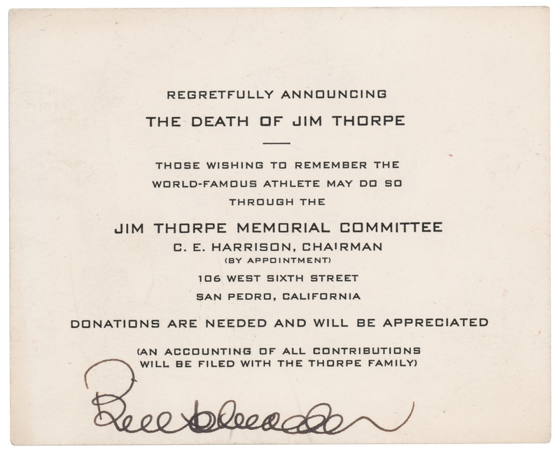 Lot 3281 Jim Thorpe Memorial Committee Death Notice Card