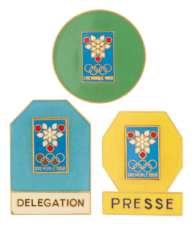 Lot 3194 Grenoble 1968 Winter Olympics (3) Badges for Public Service, Delegation, and Press