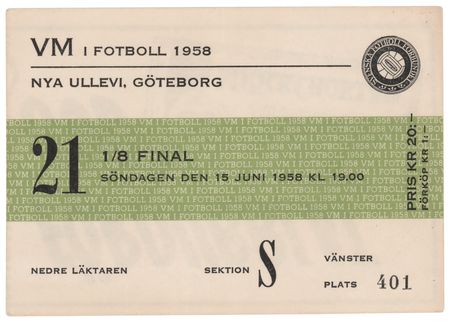 Lot #3259. Pele: 1958 FIFA World Cup Ticket Stub from Pele's Debut