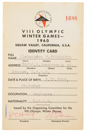 Lot #3329 Squaw Valley 1960 Winter Olympics Identity Card - Image 1