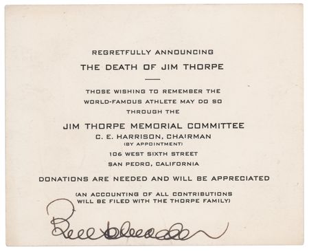 Lot #3281 Jim Thorpe Memorial Committee Death