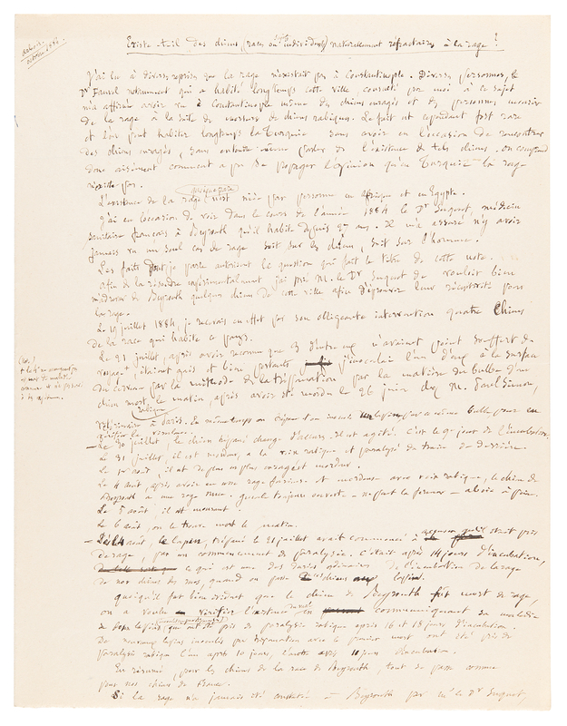 Lot 787 Louis Pasteur Handwritten Manuscript on Rabies Experiments: 