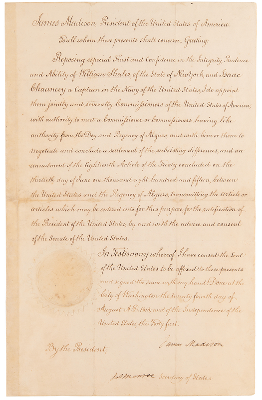 Lot 789 James Madison and James Monroe Document Signed, Appointing Peace Commissioners after the Second Barbary War