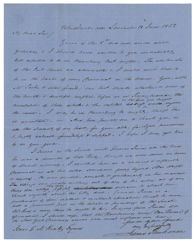 Lot 790 James Buchanan Autograph Letter Signed on Franklin Pierce: 