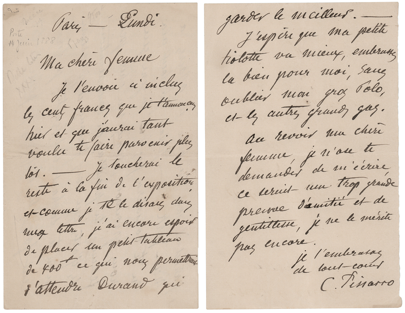 Lot 796 Camille Pissarro Autograph Letter Signed on the Sale of Artwork