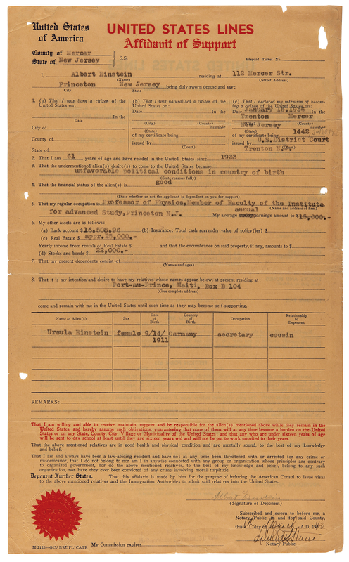 Lot 214 Albert Einstein Document Signed (1940) - Affidavit of Support for His Immigrant Cousin, Ursula Einstein, Fleeing from Nazi Germany