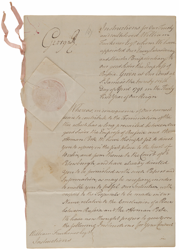 Lot 800 King George III Twice-Signed Document with Instructions to Negotiate an End to the Russo-Turkish War
