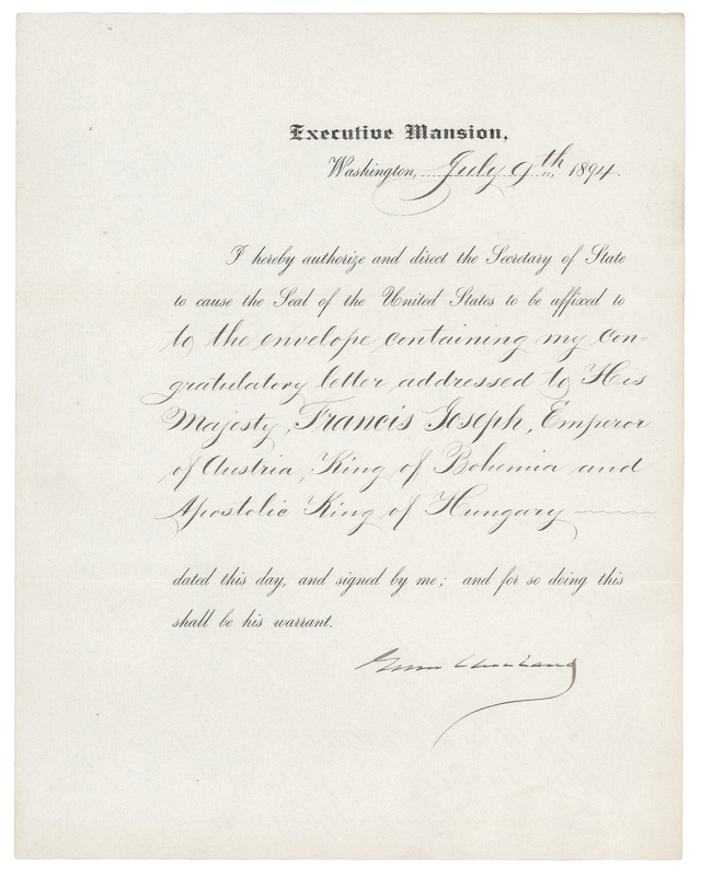 Lot 51 Grover Cleveland Document Signed as President, Congratulating Austrian Emperor Franz Joseph I