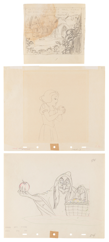 Lot 342 Snow White and Wicked Witch (3) production drawings from Snow White and the Seven Dwarfs