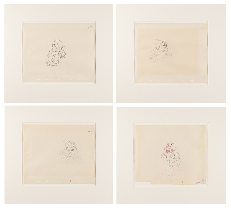 Lot 338 Doc, Sleepy, Happy, and Bashful production drawings (4) from Snow White and the Seven Dwarfs