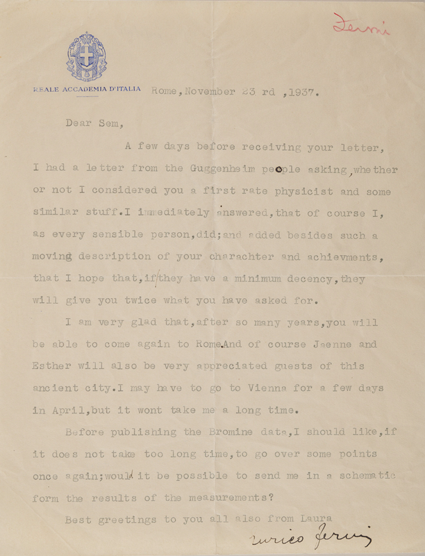 Lot 815 Enrico Fermi Typed Letter Signed to Samuel Goudsmit: 